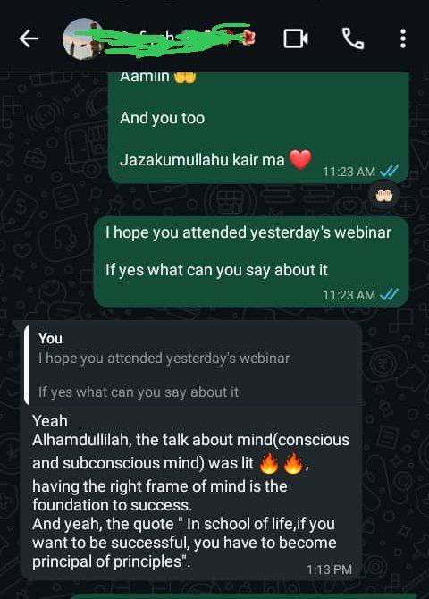 Student feedback on webinar — conscious and subconscious mind